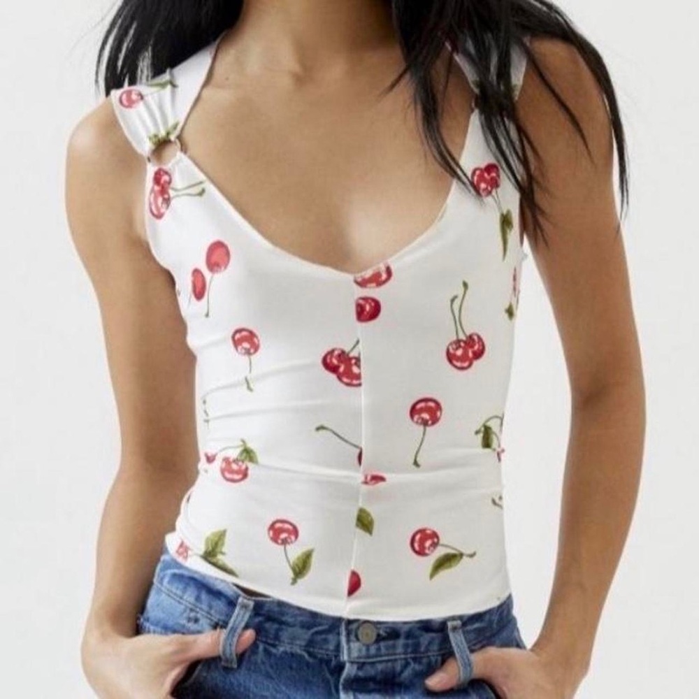 Urban Outfitters Cherry Print White and Red Ring Sleeve Top Small NWT